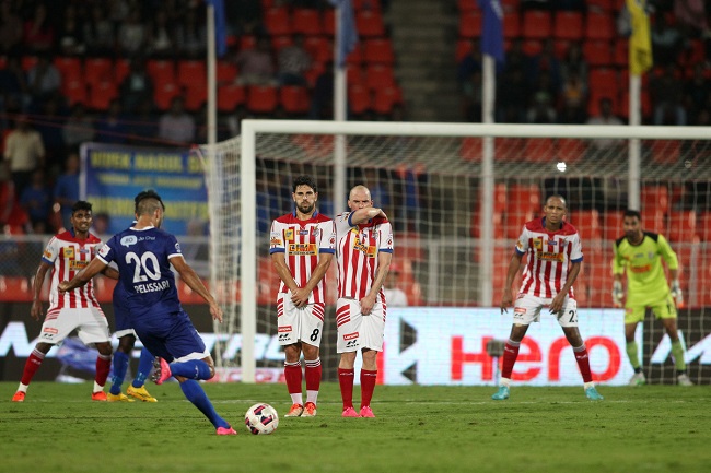Bruno Pelissari of Chennaiyin FC takes a free kick to  open the scoring