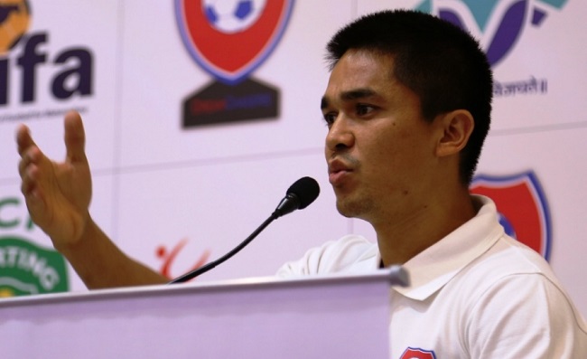 Indian football captain Sunil Chhetri addressing media persons during the announcement of DreamChasers, a unique annual pan-India football talent hunt being launched by Proforce