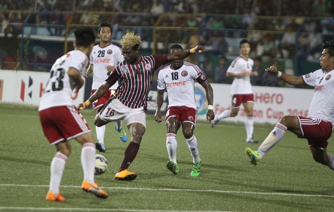 Bagan’s Sony Norde lines up a shot against Shillong Lajong in the Hero Federation Cup