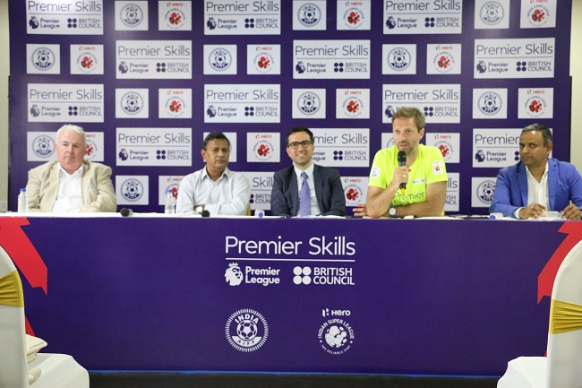 L-R: Collin Wells, Acting British Deputy High Commissioner; Kushal Das, General Secretary AIFF; Alan Gemmel OBE, Director British Council, India; Jeremy Weeks, Premier Skills Head Coach and Sundar Raman, CEO, Reliance Sports at the closing ceremony of Premier Skills Phase 1 in Mumbai