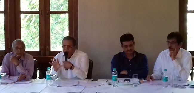 Mr. Arun Lakhani, President, Maharashtra Badminton Association (second from left) along with Mr. Pradeep Gandhe, Senior VP, MBA (second from right), Mr. Kulin Manek, Treasurer, MBA (first from right) and Mr. S. A. Shetty, Secretary, MBA (first from left) addressing audience at MBA’s 75th AGM in Mumbai