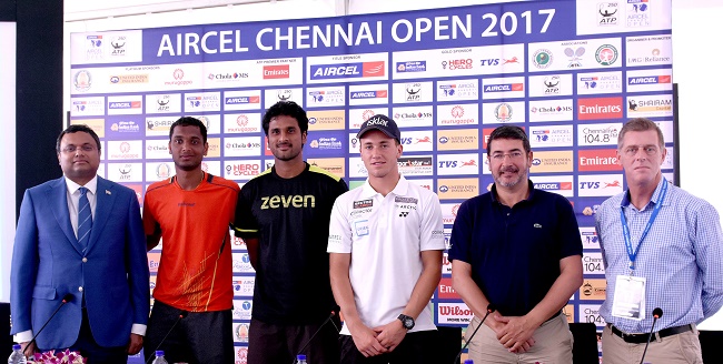 L to R - Karti P Chidambaram, Ramkumar Ramanathan, Saketh Myreni, Casper Ruud, Carlos Sanches and Tom Annear at the Aircel Chennai Open Draw Ceremony