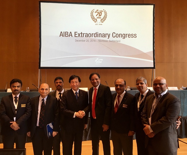 BFI President Ajay Singh with Dr. Ching-Kuo Wu, President AIBA and the Indian Delegate from BFI