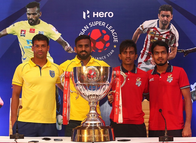 Hero ISL 2016 finalist Kerala Blasters and ATK players Sandip Nandy, CK Vineeth, Abinash Ruidas and Jewel Raja at the Pre-Final Press Conference