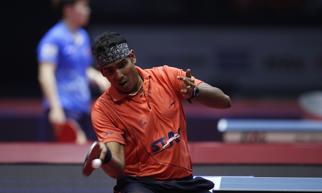 Achanta Sharath Kamal from India in action during the Men's Singles match held as part of the of the 2017 ITTF WORLD TOUR India held at the Thyagaraj Sports Complex stadium in New Delhi India on the 17th February 2017
