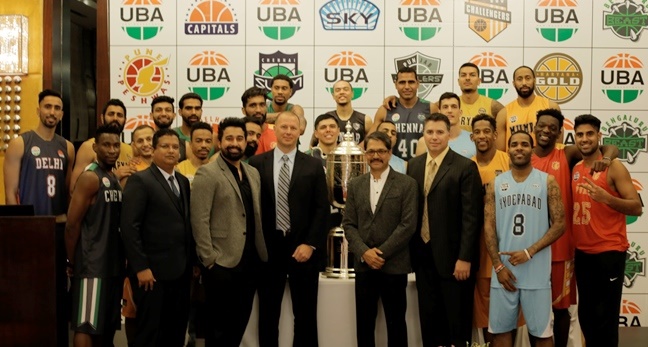 Tausif Shaikh, Administrative Director at UBA, Ranvijay Singh, UBA Brand Ambassador, Todd Mack, Managing Director at UBA, Nandu Mehta, India Director at UBA and Michael Yanke, CMO at UBA along with the players unveil the UBA Pro Basketball League Season 4  trophy.