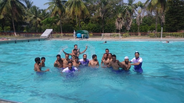 Members of the Senior Men's Hockey Core Probables enjoy a light moment during pool recovery session on Thursday at the SAI, Southern Centre in Bengaluru.
