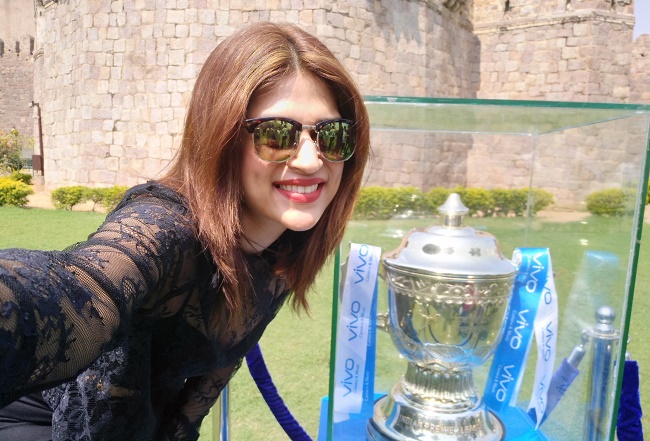 Actress Shradha Das poses with the VIVO IPL Trophy in Hyderabad